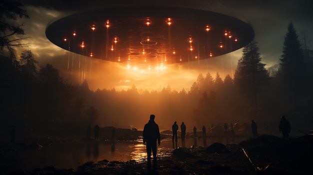 着陸UFO誘拐の背景に夜の霧の男のシルエット