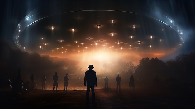 Photo silhouette of a man in the night fog against the background of a landing ufo kidnapping