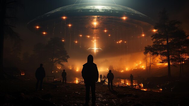 Photo silhouette of a man in the night fog against the background of a landing ufo kidnapping