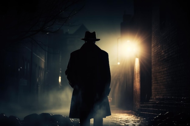 Foto silhouette di un uomo in strada notturna gangster mafia o vecchio detective in missione generative ai