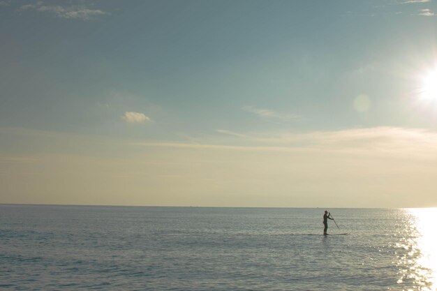 Silhouette man paddleboarding in sea against sky during sunset