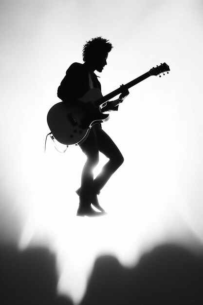 A silhouette of a man playing a guitar in front of a spotlight.