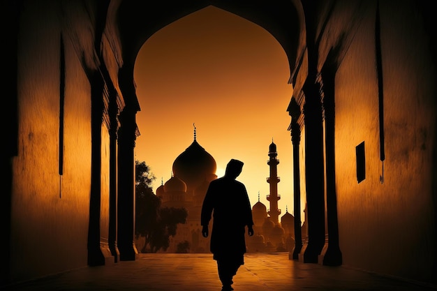 A silhouette of a man praying and walking in front of a silhouette of a mosque