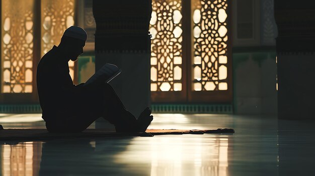 Silhouette of man reading in quran