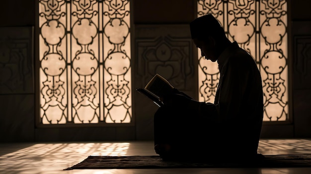 Photo silhouette of man reading in quran