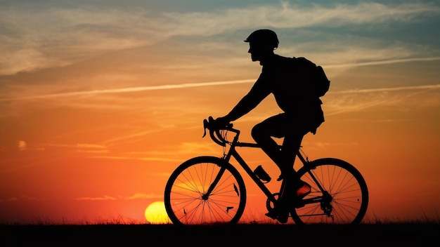 夕暮れのオレンジブルーの空の背景で自転車に乗っている男性のシルエット