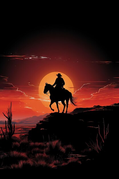 A silhouette of a man riding on the back of a horse into sunset Generative AI