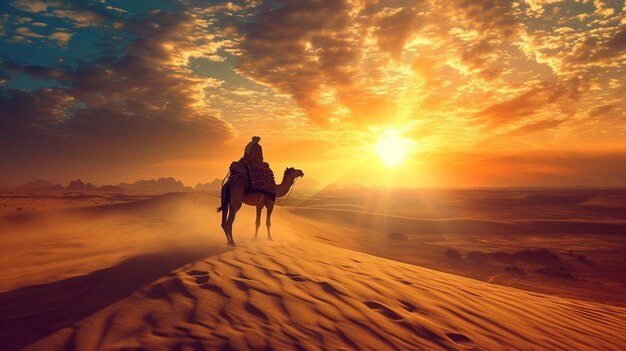 Foto silhouette di un uomo che cavalca un cammello attraverso il deserto al tramonto