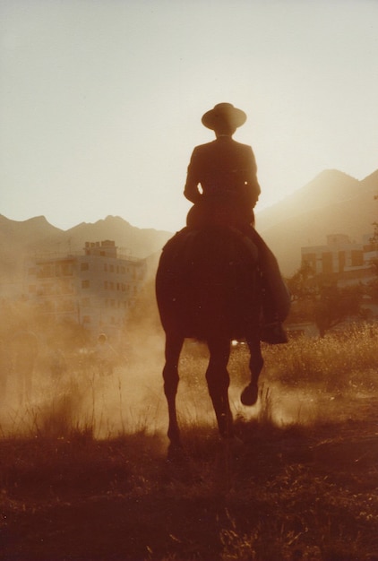 silhouette man riding horse on field against clear sky during sunset