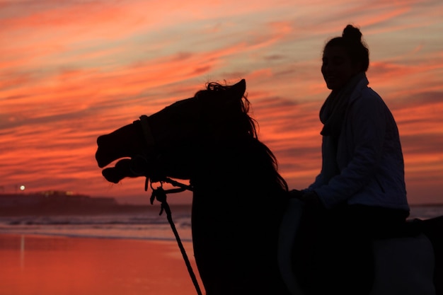 Foto silhouette di un uomo a cavallo al tramonto