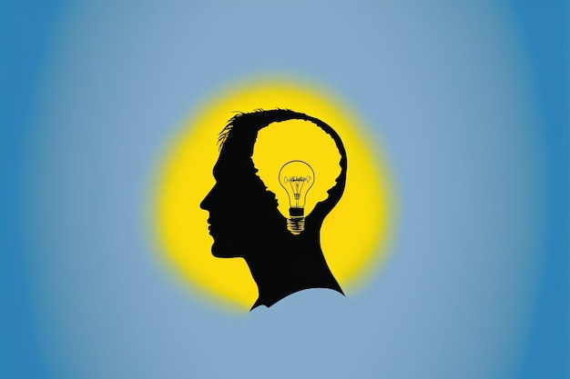 Photo silhouette of a man's head with a light bulb inside, background. generative ai