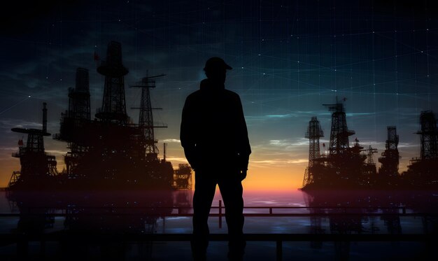 Silhouette of man on ship deck in front of oil rig and fleet on horizon reflecting on oilfield scene