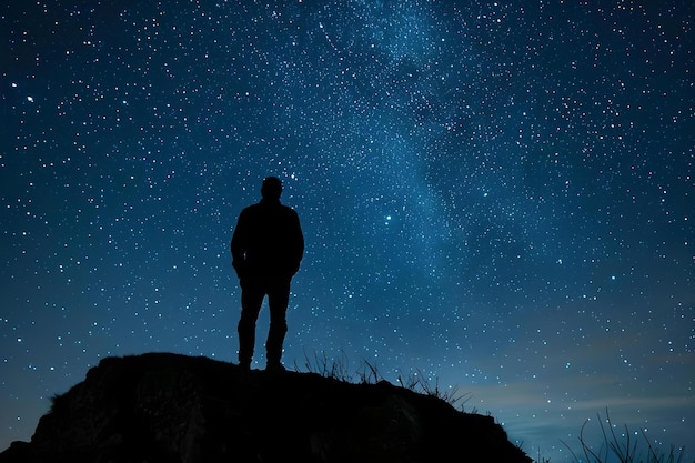 Foto silhouette man staart naar sterren op een heuvel tegen de achtergrond van de nachtelijke hemel concept astronomie nachtelijke hemel silhouette fotografie natuur contemplatie