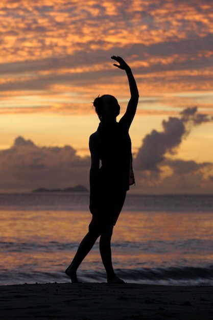 Photo silhouette of man standing on beach during sunset