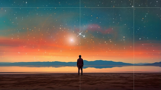 Photo silhouette of a man standing on the beach and watching the sunset generative ai