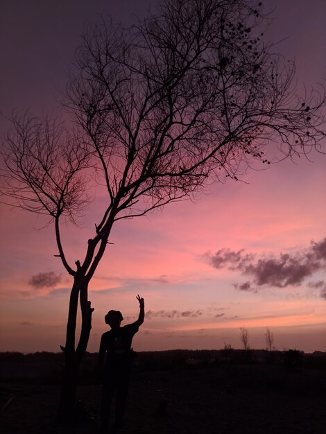 Foto silhouette uomo in piedi da albero nudo contro il cielo durante il tramonto