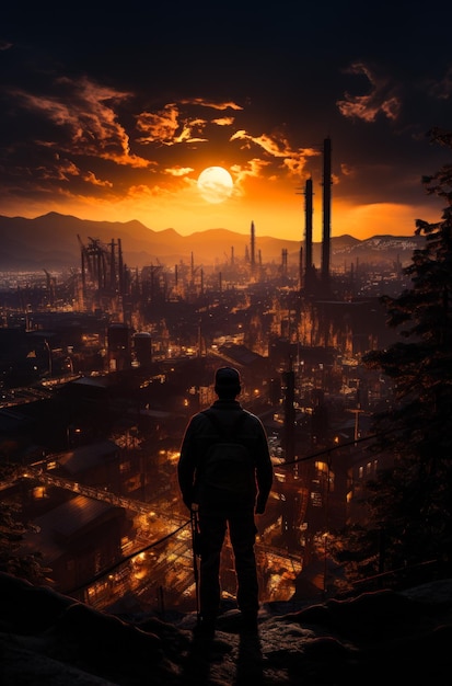 Silhouette of man standing on city overview Sunset bright activity Generative AI