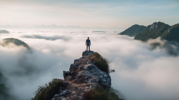 Foto sagoma di un uomo in piedi sul bordo di una scogliera sopra le nuvole ia generativa