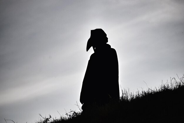 Photo silhouette man standing on field against sky during sunset