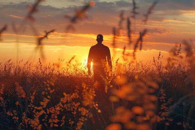 silhouette of man standing in a field at sunset