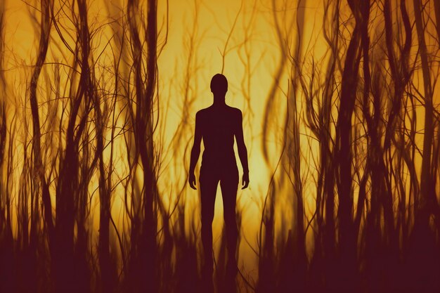 Photo silhouette of a man standing in the forest at sunset