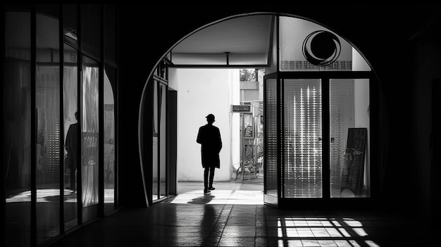 Silhouette of a man standing in front of the door