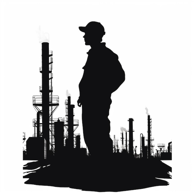 Photo silhouette of a man standing in front of a factory with a pipe generative ai