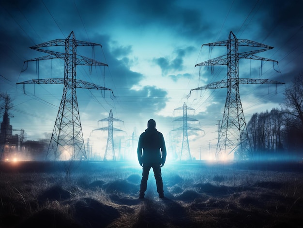 Photo silhouette of a man standing in front of high voltage towers