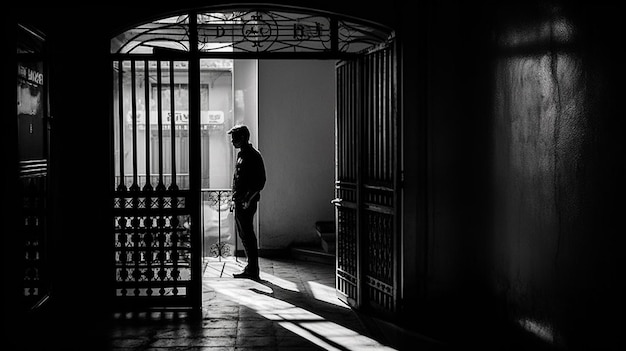 Silhouette of a man standing in front of a opened door