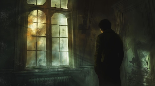 Photo silhouette of a man standing in front of a window in a haunted house