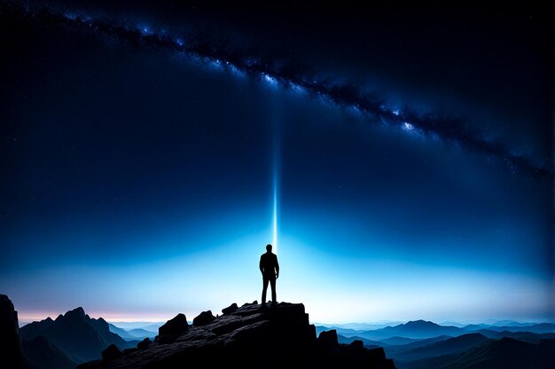 Photo silhouette of man standing on high rock at night sky with stars rise nebula background amazing picture of night landscape fairy tale cosmic concept copy ad text space generative ai illustration