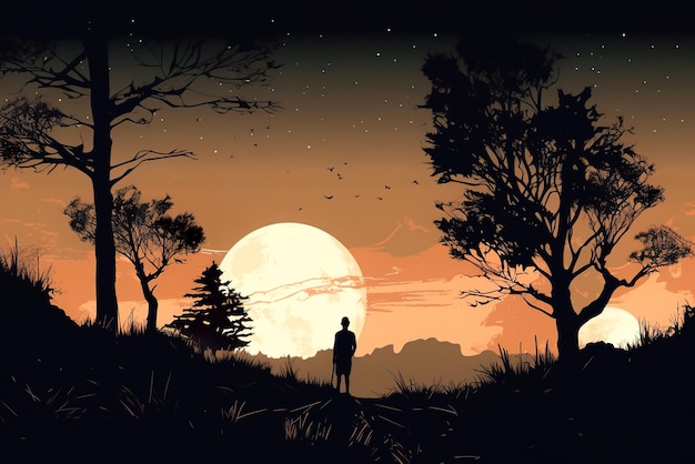 Silhouette of a man standing on the hill and looking at the moon Generative AI