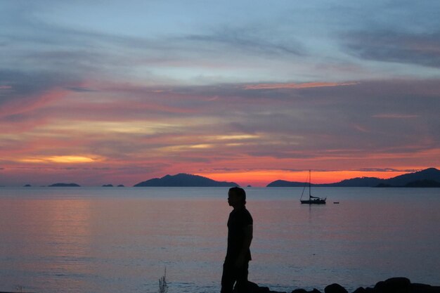 Silhouette man standing at lakeshore against cloudy sky during sunset