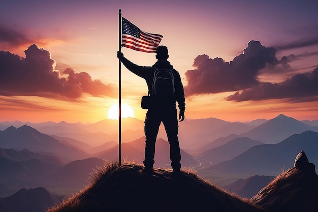 Photo silhouette of man standing on mountain top over sunset twilight with flag winner success and leaders