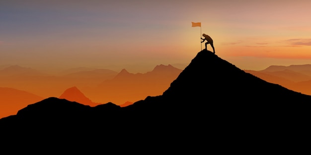 플래그, 우승자, 성공 및 리더십 개념 일몰 황혼 위에 산 위에 서있는 남자의 실루엣