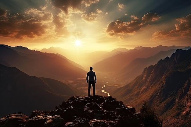 Foto silhouette uomo in piedi sulla montagna con un bellissimo paesaggio della valle