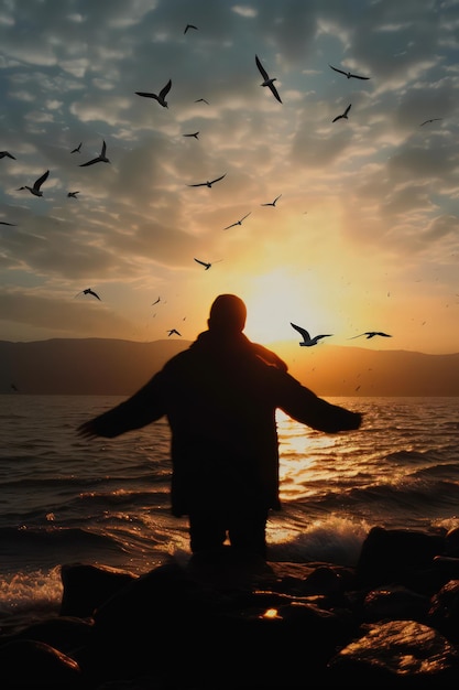 Силуэт человека, стоящего на берегу океана в лучах заходящего солнца среди многих летучих птиц