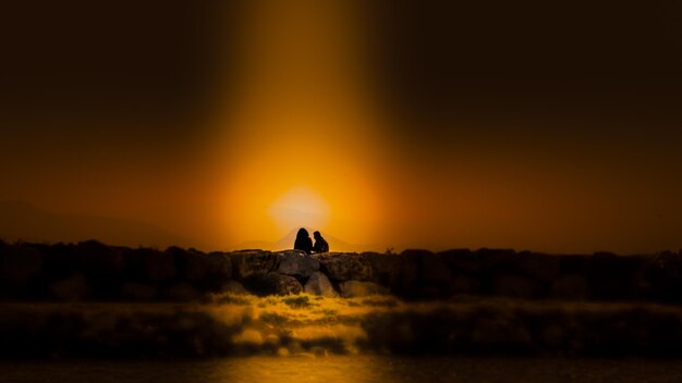 Silhouette man standing on shore against orange sky