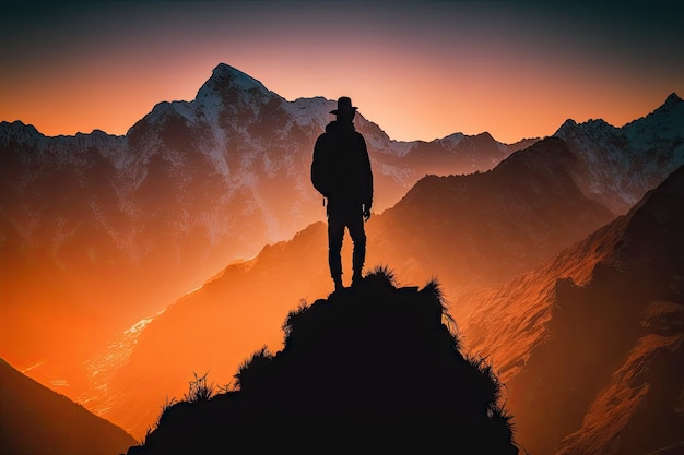 Premium Photo | Silhouette man standing on top of himalayan mountain ...