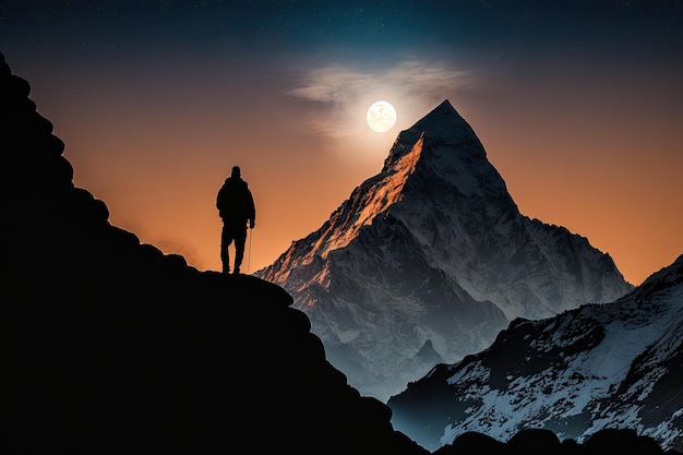 Silhouette man standing on top of Himalayan mountain majestic Generative AI AIG15