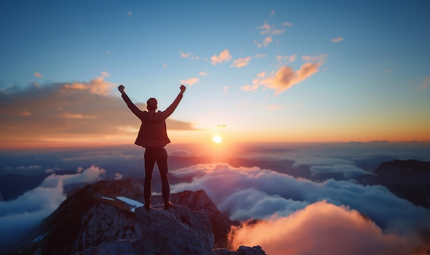 Silhouette of a man standing on the top of a mountain and raising his hands up generative ai art