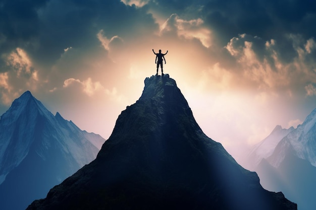 剪影照片的男人站在山顶上的用手臂