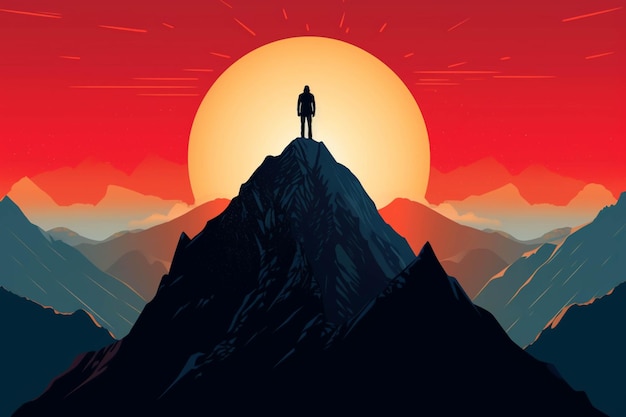 Silhouette of a man standing on the top of a mountain