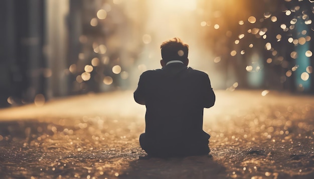 Photo silhouette of a man in a suit sitting alone on an urban street as the sun sets