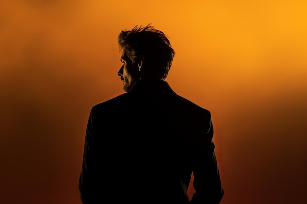 A silhouette of a man in a suit standing in front of an orange sky