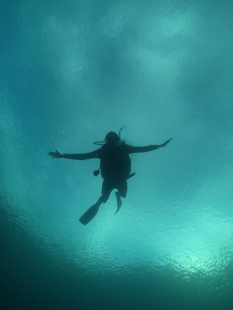 写真 海で泳ぐシルエットの男