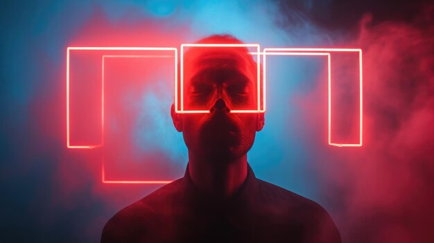 Silhouette man tegen neonlichten met een gloeiende doos over de ogen die een abstracte futuristische look creëert in een wazige omgeving