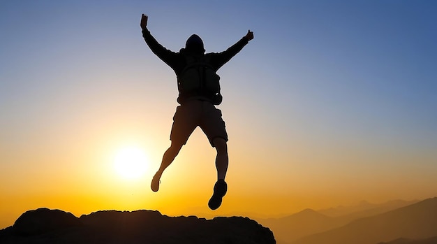Silhouette of man travel jump up for achievements successful and celebrating success with sunrise
