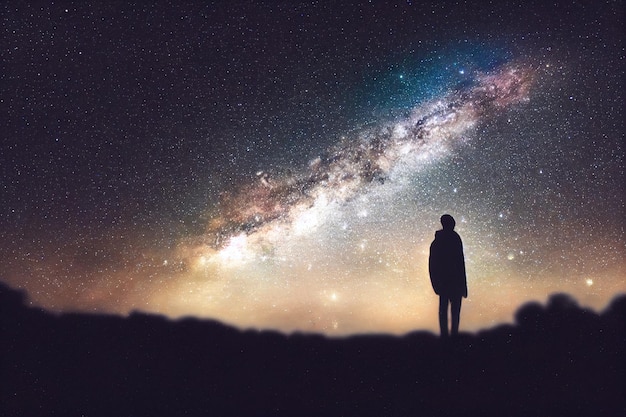 Silhouette man traveler looking milky way in night sky male person standing on edge under beautiful