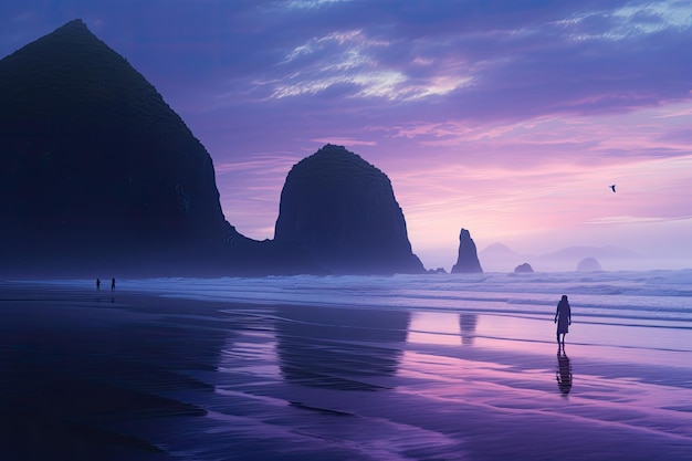 Silhouette of a man walking on the beach at sunset Cannon Beach Dusk Solitude Evening twilight at Haystack Rock in Cannon Beach Oregon as the surf washes up onto the beach AI Generated